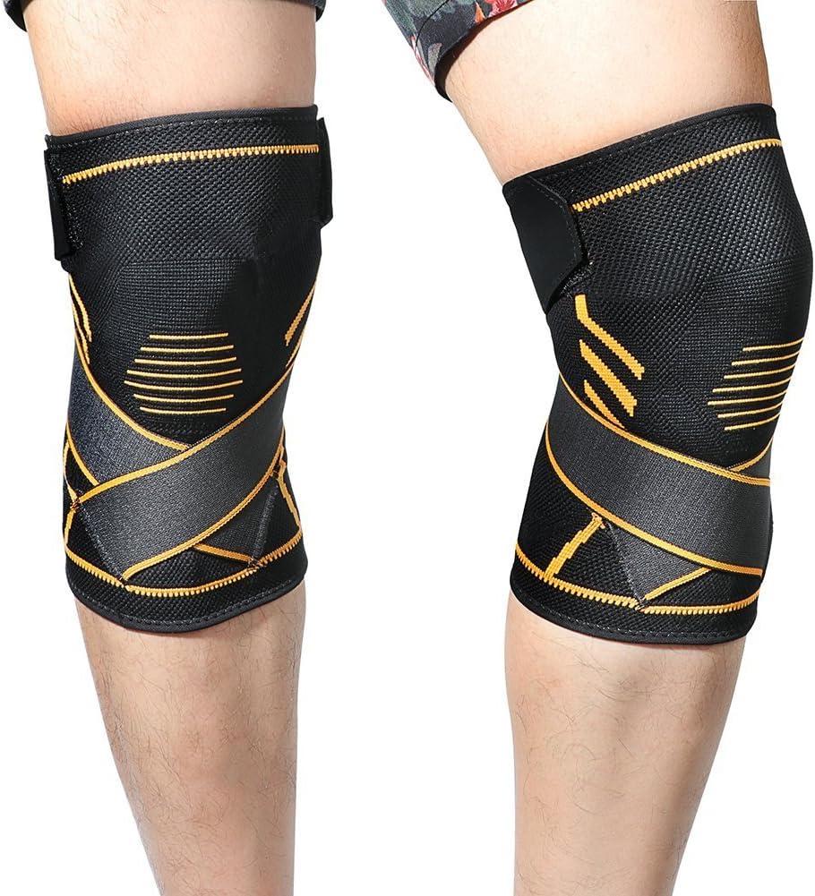 Yaumany Athletics Knee Compression Sleeve Support (1pair) - Inofia Men & Women Sleeve with Crossover Pain Relief Strap 7mm Sleeve of Comfort Wear Anywhere for Sports,(M(14.5-16.5"))