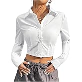 SweatyRocks Women's Solid Crop Button Up Shirt Collared Long Sleeve Fitted Blouses Tops