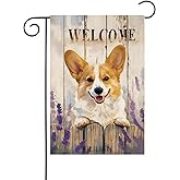 HILILIAN Corgi Welcome Spring Garden Flag 12x18 Double Sided, Burlap Small Lavender Garden Yard House Flags Outside Outdoor Summer Porch Lawn Decoration(335)