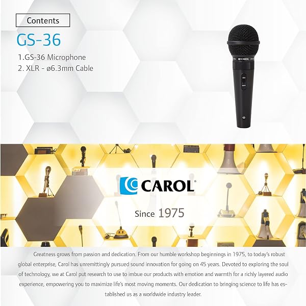CAROL GS-36 CARDIOID DYNAMIC MICROPHONE ULTRA LIGHTWEIGHT MULTIPURPOSE CLASSIC WIRED STYLE FOR SINGING, HOME ENTERTAINMENT, SPEECH, SPORTS COMPETITION W/14.8FT XLR TO 1/4″(6.35MM) CABLE