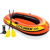 INTEX Explorer Compact Inflatable Boat Series: Dual Air Chambers &ndash; Welded Oar Locks &ndash; Grab Handles &ndash; Bow Rope &ndash; Sporty Design