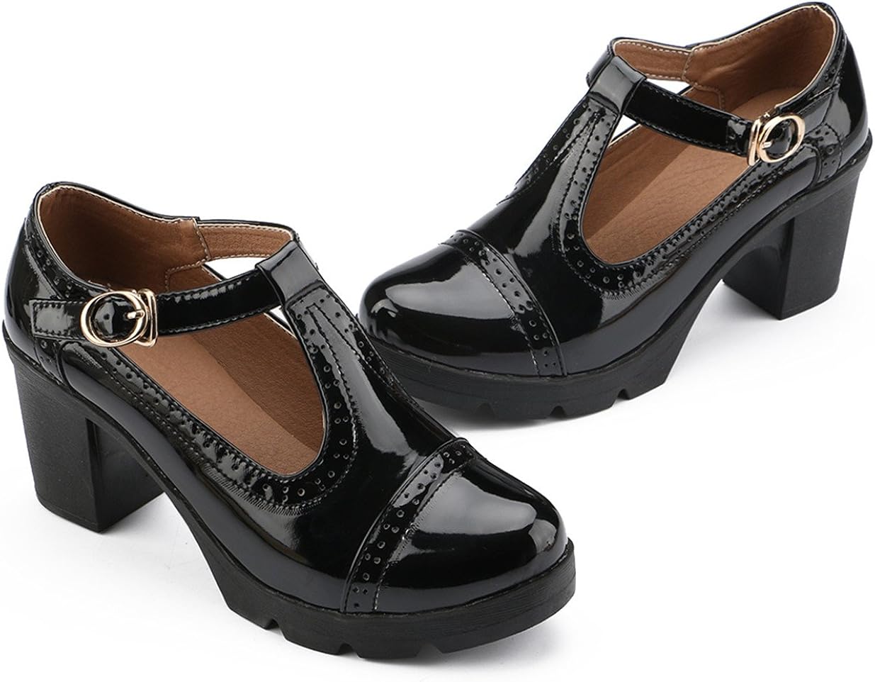  | DADAWEN Women's Classic T-Strap Platform Mid-Heel Square Toe Oxfords Dress Shoes | Pumps