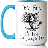 powond Funny Black Cat Coffee Mug – 15oz Sarcastic I am Fine Everything's Fine Cup – Big Ceramic Mug with Blue Handle – Microwave & Dishwasher Safe – Funny Gag Gift for Cat Lovers, Women, Coworkers
