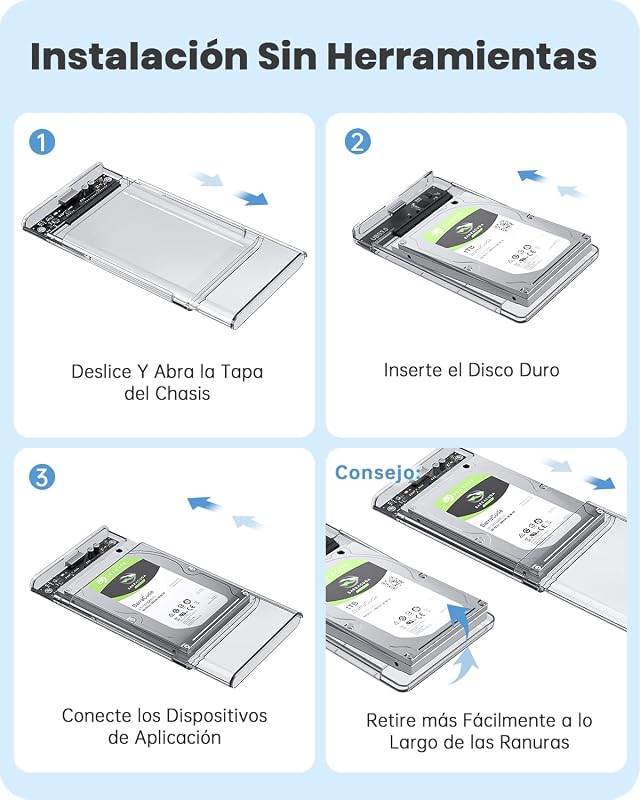 Carcasa Disco Duro 2,5, 6Gbps USB C 3.1 Gen 2 Caja Disco Duro para HDD SSD SATA I/II/III de 7mm y 9.5mm de Altura con Cable USB, Sopporta UASP&TRIM, no Requiere Herramientas-Transparente Caja