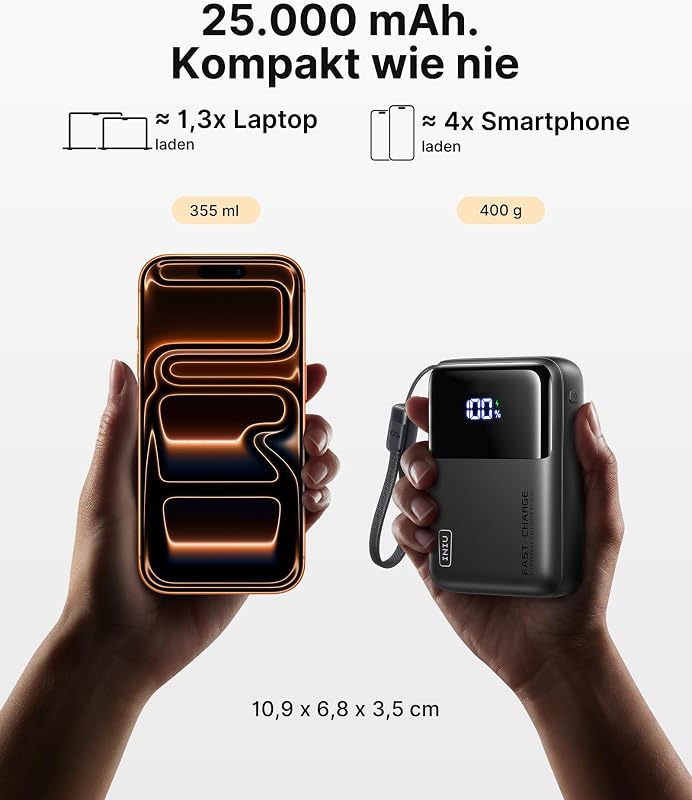 25000mAh Laptop Power Bank, Kompakt 100W Schnellladung mit USB C Kabel