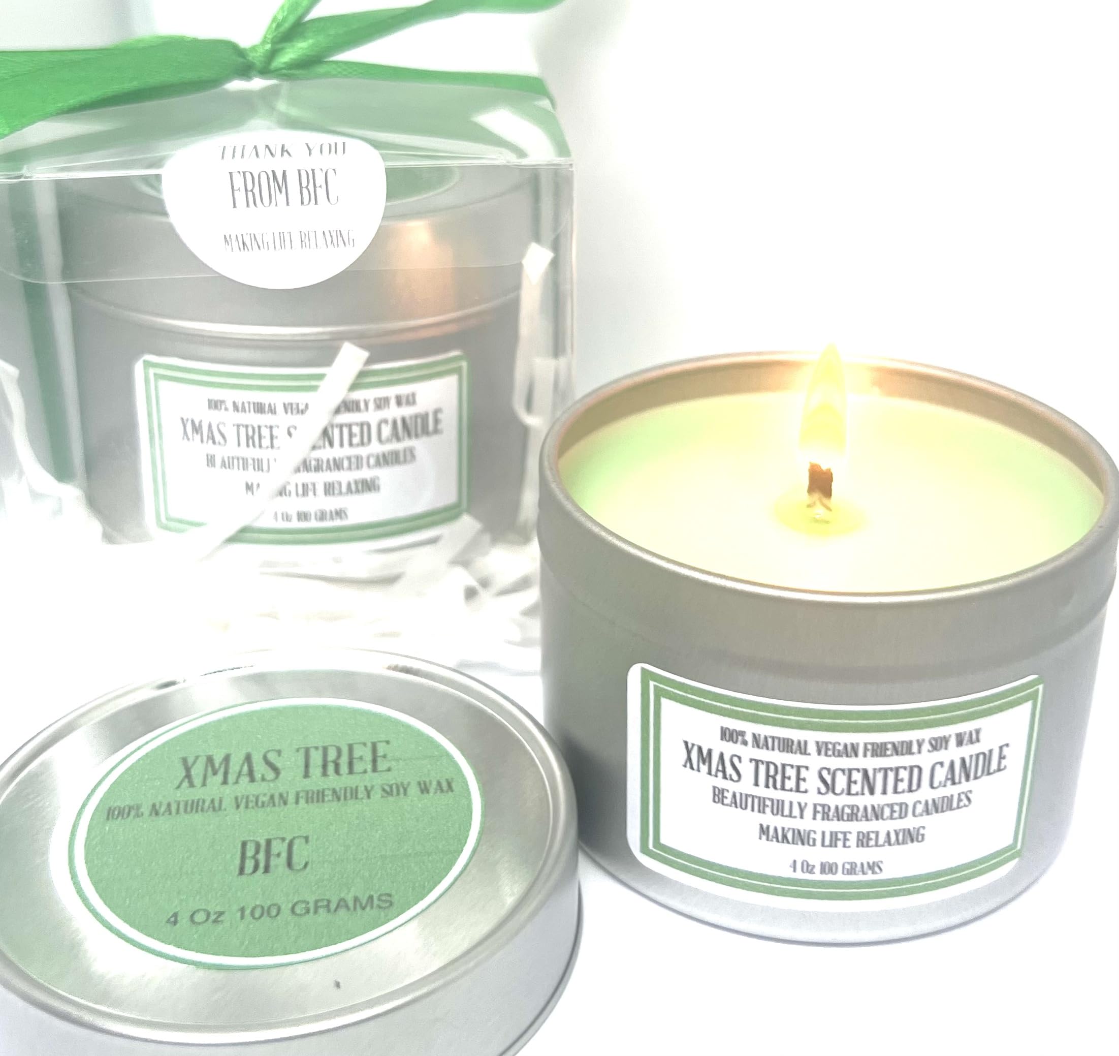 Xmas Tree Scented Soy Wax Candle - Handmade BFC - Xmas Tree Scented 28 Hours Burn Time 4 Oz 100 Grams Soy Wax Candle Silver Brush Finish Tin. Shipping on 48 Hour Tracked Service