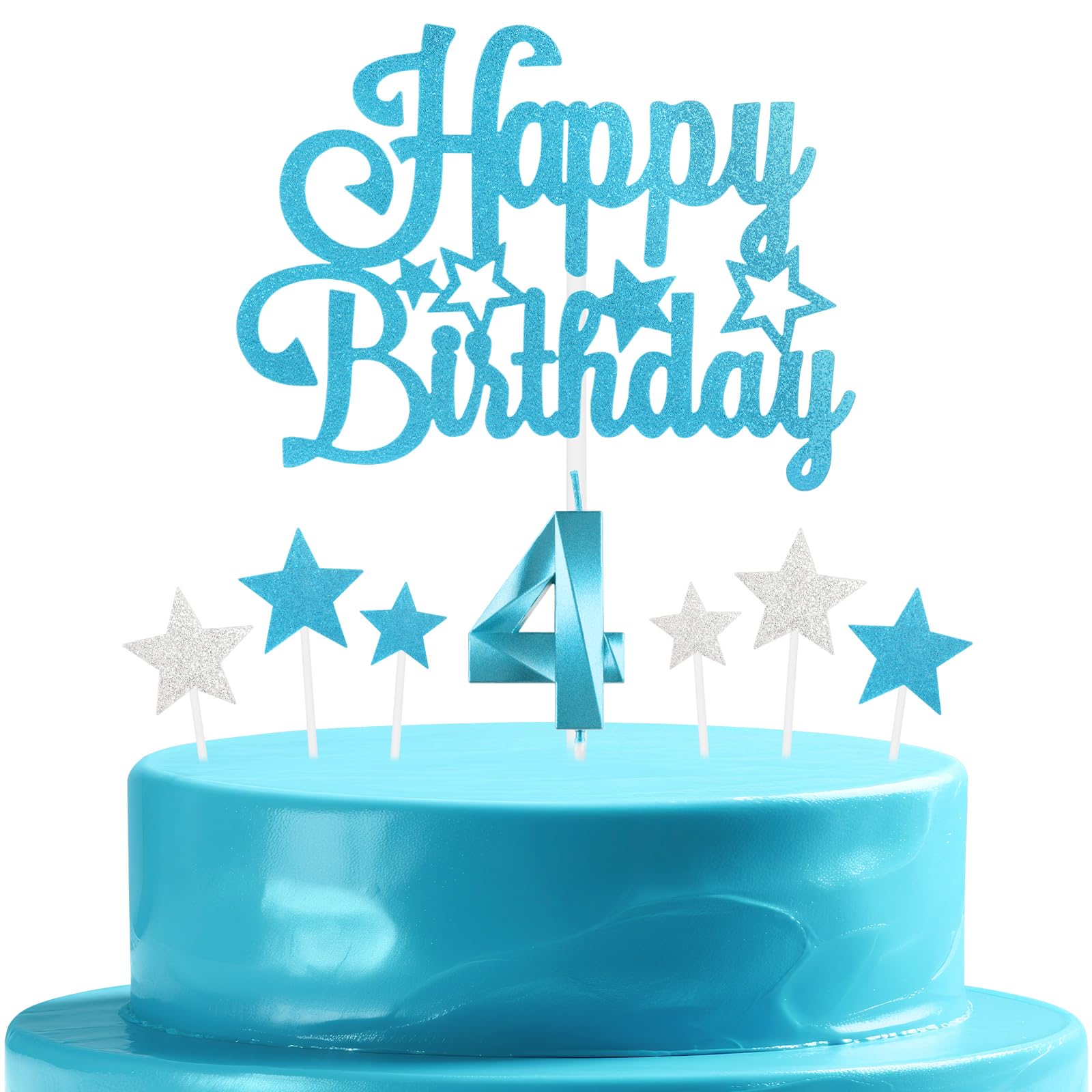 mciskin Blue Birthday Candles Set,Girl Boy 4th Birthday Decorations,Number 4 Candle for Cake,Blue Candles Cake Toppers with Star for Girls Boys Birthday Party Anniversary Decorations