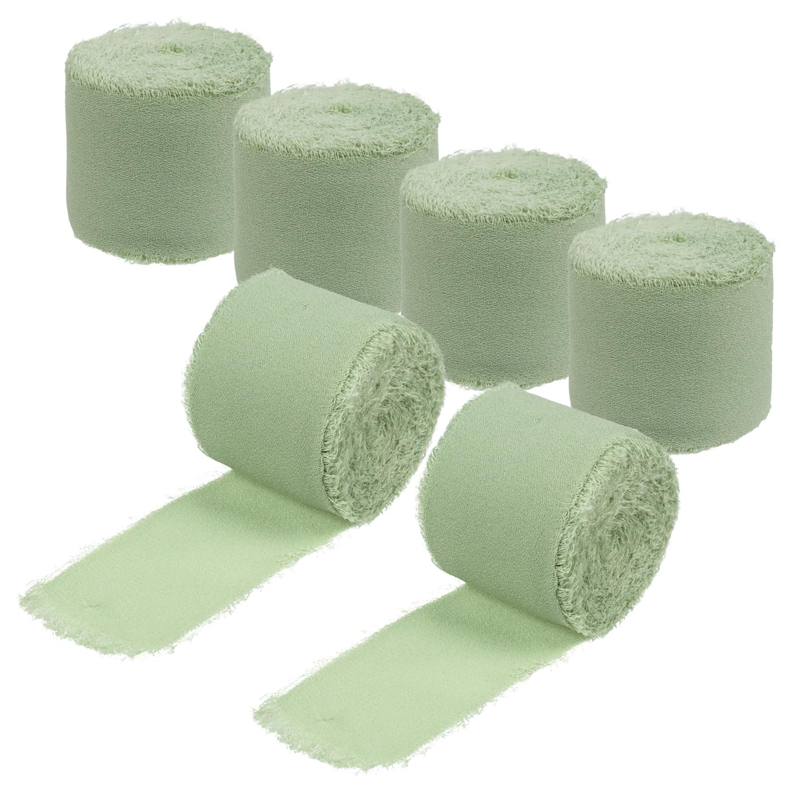 DBOO Handmade Chiffon Ribbon Rolls - 6 Rolls Fringe Chiffon Ribbon 3cm X 5m of Rustic Frayed Edge Ribbon Chiffon Silk Ribbon Vintage Ribbon for Gift Wrapping Bridal Bouquets (Sage Green)