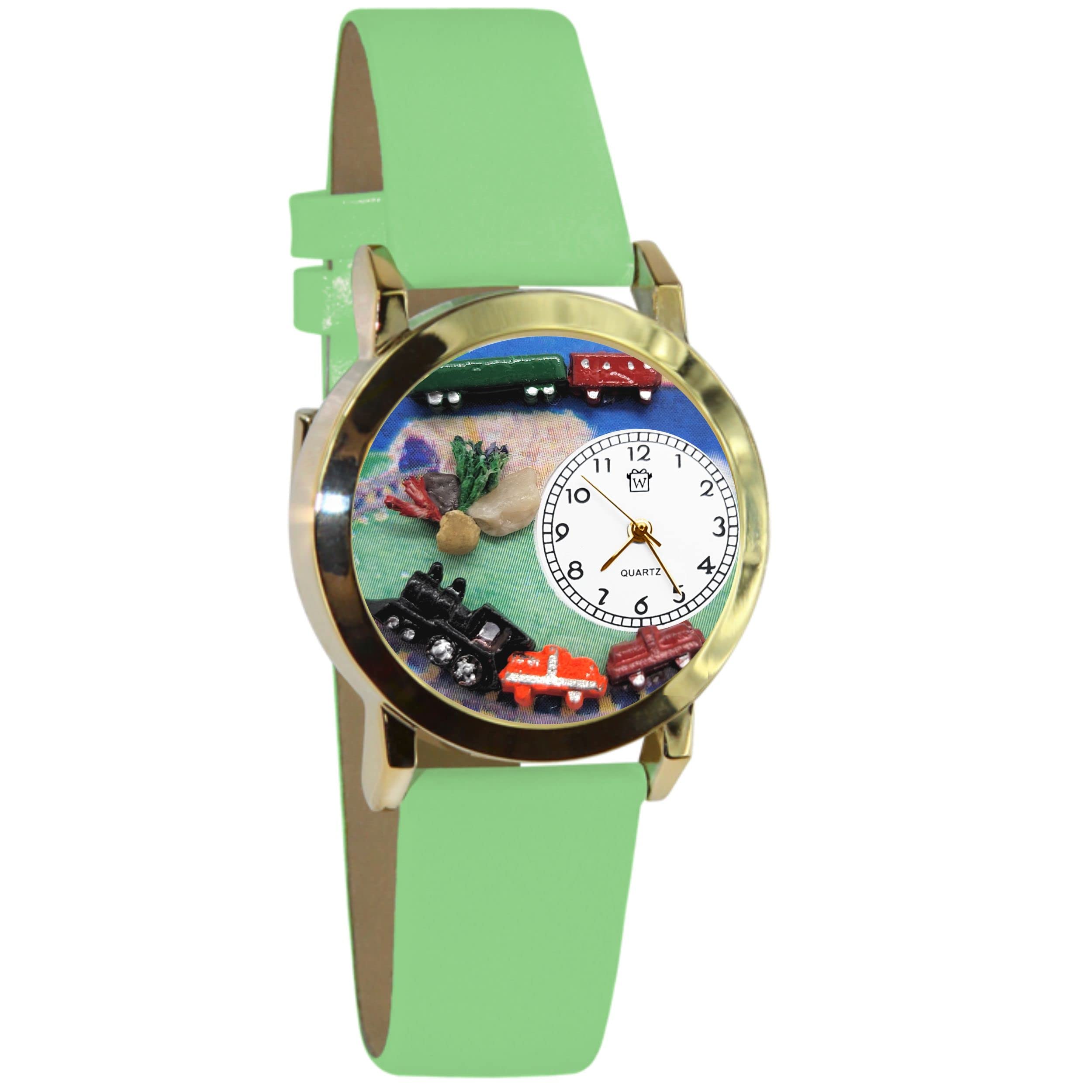 Whimsical Watches Trains Green Leather and Goldtone Unisex Quartz Watch with White Dial Analogue Display and Multicolour Leather Strap C-1610001