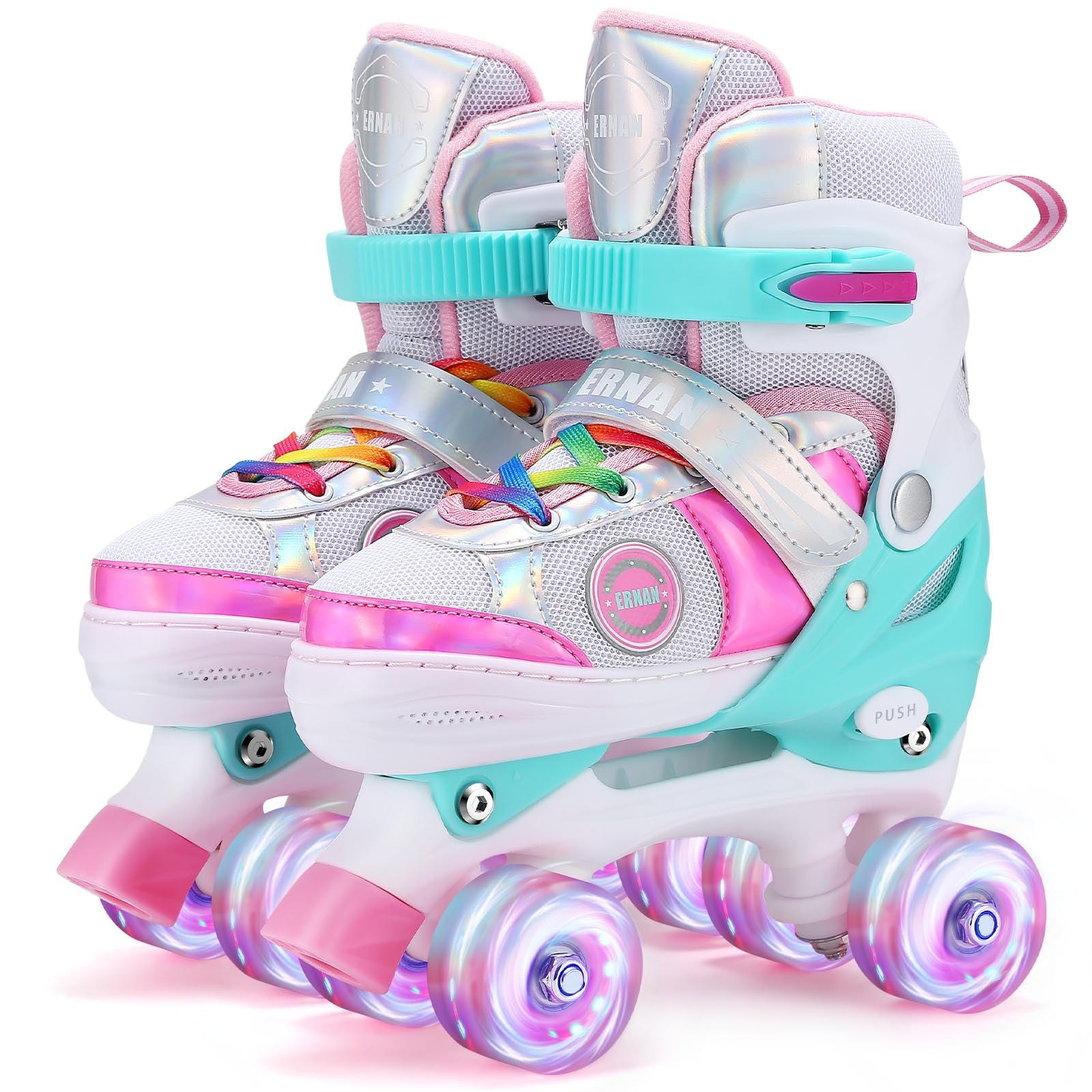 Photo 1 of Kids Roller Skates for Girls Todders Kids Beginner, 4 Size Adjustable Roller Skates with Light Up Wheels for Indoor Outdoor Skating (Colorful Pink, Small(12J-2))