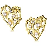 Vintage Gold Statement Stud Earrings, Stainless Steel Chunky Drop Dangle Thick Earrings, Geometric Design with Pearl Accents, Textured Sun Round Heart Pattern for Women