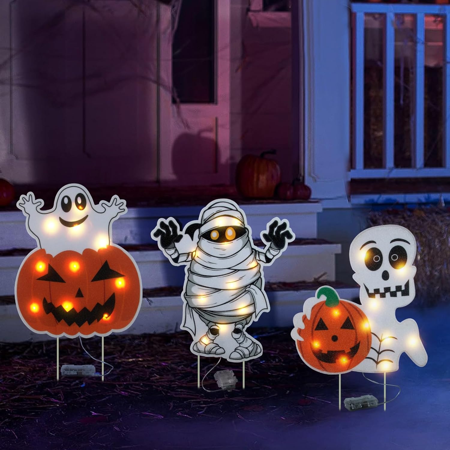 Yard Signs - 3PCS Lighted Yard Signs for Halloween Props Yard Stakes Light Up Pumpkin Ghost Yard Sign with Stakes for Halloween Decorations Outdoor Lawn Decor Yard Decorations