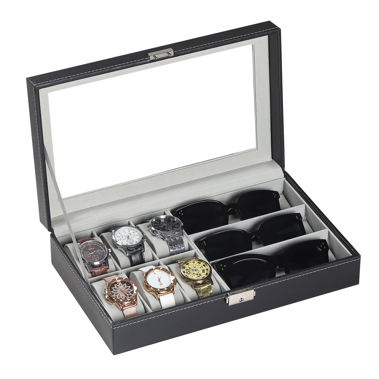 Photo 1 of AUTOARK Leather 6 Watch and 3 Eyeglasses&Sunglasses Box with Jewelry Display Case Organizer,Mens Women Storage Holder Boxes,Glass Top,Black,AW-004