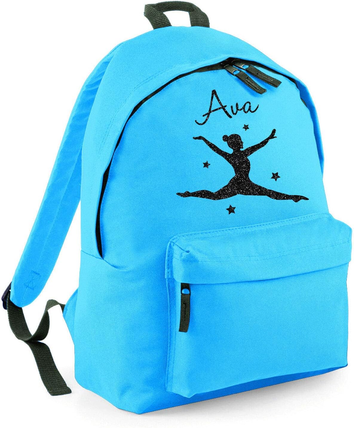 Personalised Girls Gymnastics Dance Glitter Backpack Kids School Bag Rucksack, Surf Blue/Black Glitter