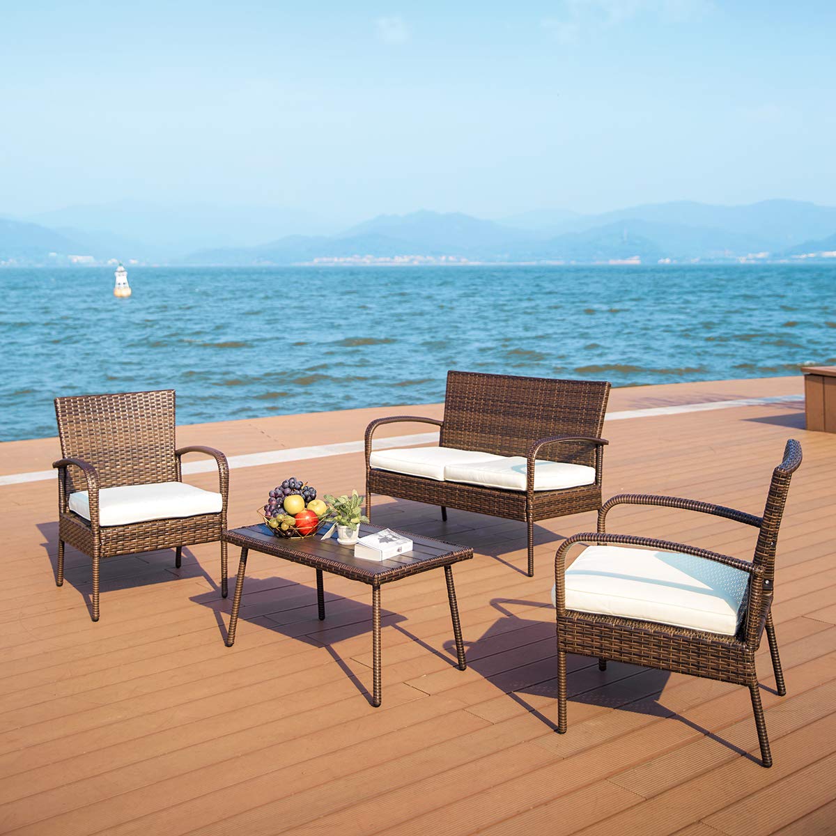 Pamapic Outdoor Patio Furniture 4 Pieces Embossing Pe Rattan Wicker Sofa And Chairs Set Brown Amazon In Garden Outdoors