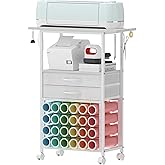 VENNQD Organizer and Storage Stand Compatible with Cricut Machines,Rolling Storage Cart/Shelf with 24 Vinyl Roll Holders,2 Fabric Drawer,Accessories Holder,Tool Hook for Craft Room Home (white)