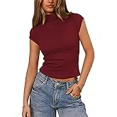 Pungdra Womens Cap Sleeve T Shirts Mock Neck Tops for Women Y2k Knit Slim Fit Tee Casual Basic Crop Going Out Top