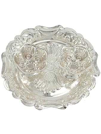 eKolhapuri Metal Haldi-Kunku Karand/Kankavati/Kumkum Pooja Thali Set (Silver)