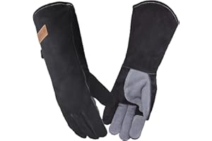 WZQH 40 CM / 16 in, Leather Barbecue Gloves, Fire and Heat Resistant Mitts for Welding, Firefighting, Fireplace, Oven, Baking