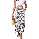GAMISS Palazzo Pants for Women Summer Beach Elastic Waisted Trousers with Pockets Wide Leg Loose Fit Pants Black Floral L