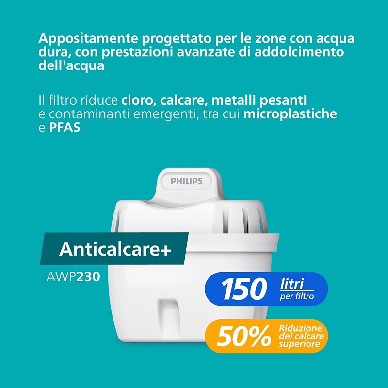 Water Cartucce filtranti di ricambio Anticalcare+, confezione da 3, RIDUZIONE DEL CALCARE FINO AL 50% IN PIÙ, filtra cloro, microplastiche e altri contaminanti, Compatibile con Brita*