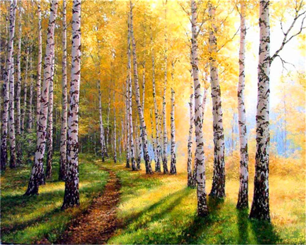 YEESAM ART DIY Paint by Numbers for Adults Beginner Kids, Golden Trees Sunny Autumn Forest 16x20 inch Linen Canvas Acrylic Stress Less Number Painting Gifts (Framed)