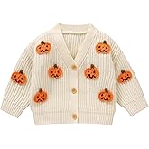 Toddler Baby Girls Halloween Knit Cardigan Sweater Long Sleeve Round Neck Pumpkin Embroidery Chunky Coat Knitwear