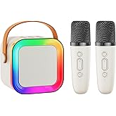 Mini Karaoke Machine Speaker for Kids Adults,Portable Bluetooth with 2 Wireless Microphones,Christmas Birthday Gifts Toys Girls Boys Ages 4, 5, 6,7, 8,9,10,11,12+ Years Old Toddler (Off-White - 2 Mic)