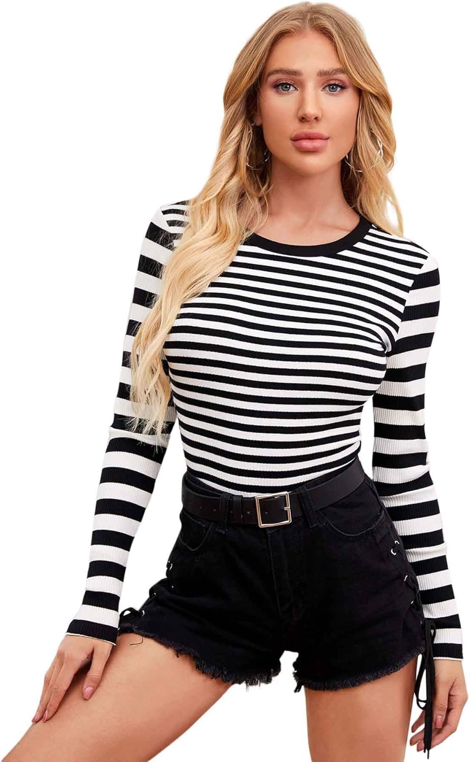 Floerns Women's High Neck Long Sleeve Slim Fit Stretch Striped T-Shirts at  Women’s Clothing store