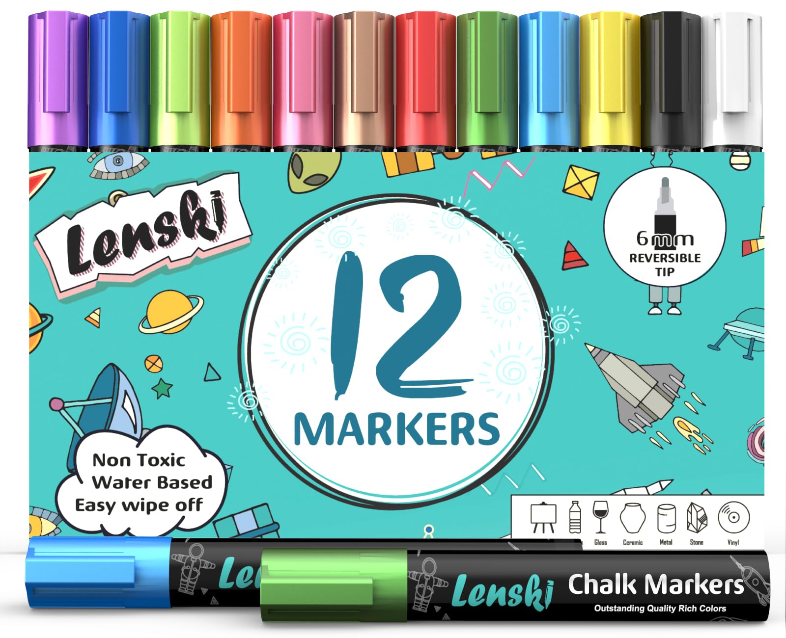 Lenski 12 Chalk Pens for Blackboards - 6mm Liquid Chalk Marker, Best Gift for Kids, Chalk Pen for Glass Windows, Mirrors, Whiteboards, Signs (Reversible Bullet & Chisel Tip)