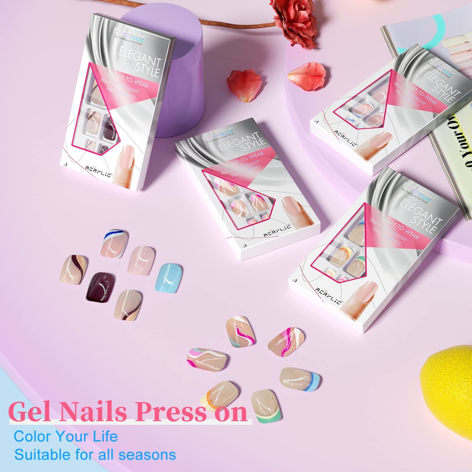 Short French Press on Nails With Design,KXAMELIE Hot Pink Square Shape Colorful Swirls French Tips Fake Nails,Glossy Gel Nails Press on,Full Cover Reusable Glue on Nails for Women Girls in 24 PCS - Image 5