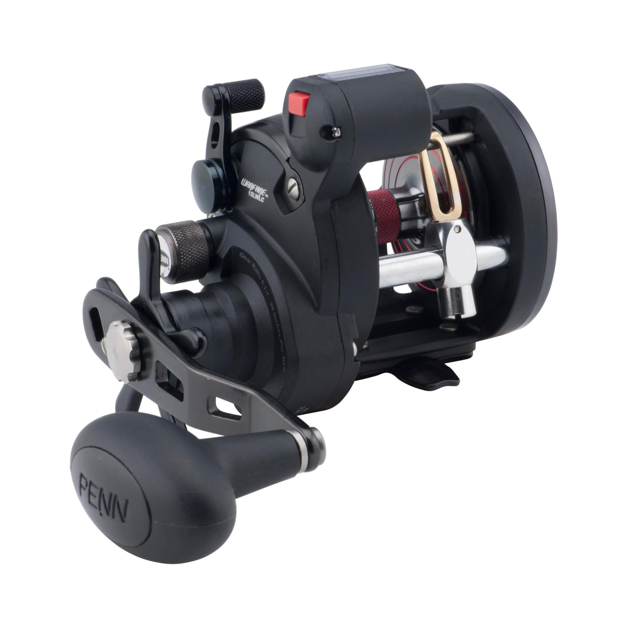 PENN Warfare™ Level Wind, Fishing Reel, Conventional Reels, Sea - Inshore/Nearshore Fishing, Saltwater Boat or Kayak Fishing,Unisex, Black/Red/Smoke, 15LC | Right Hand