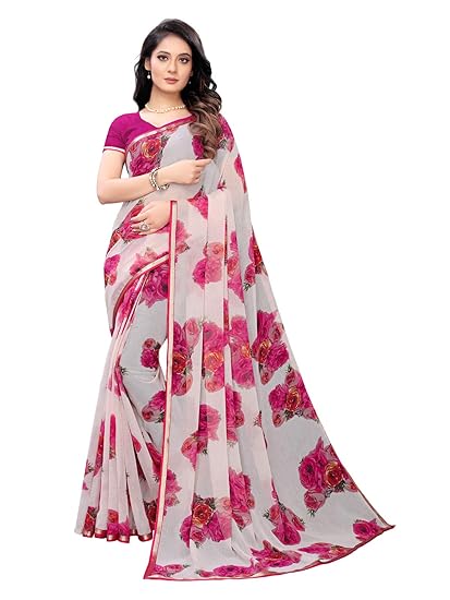 chiffon with Blouse Piece Saree (1567ST163_ White_ One Size)