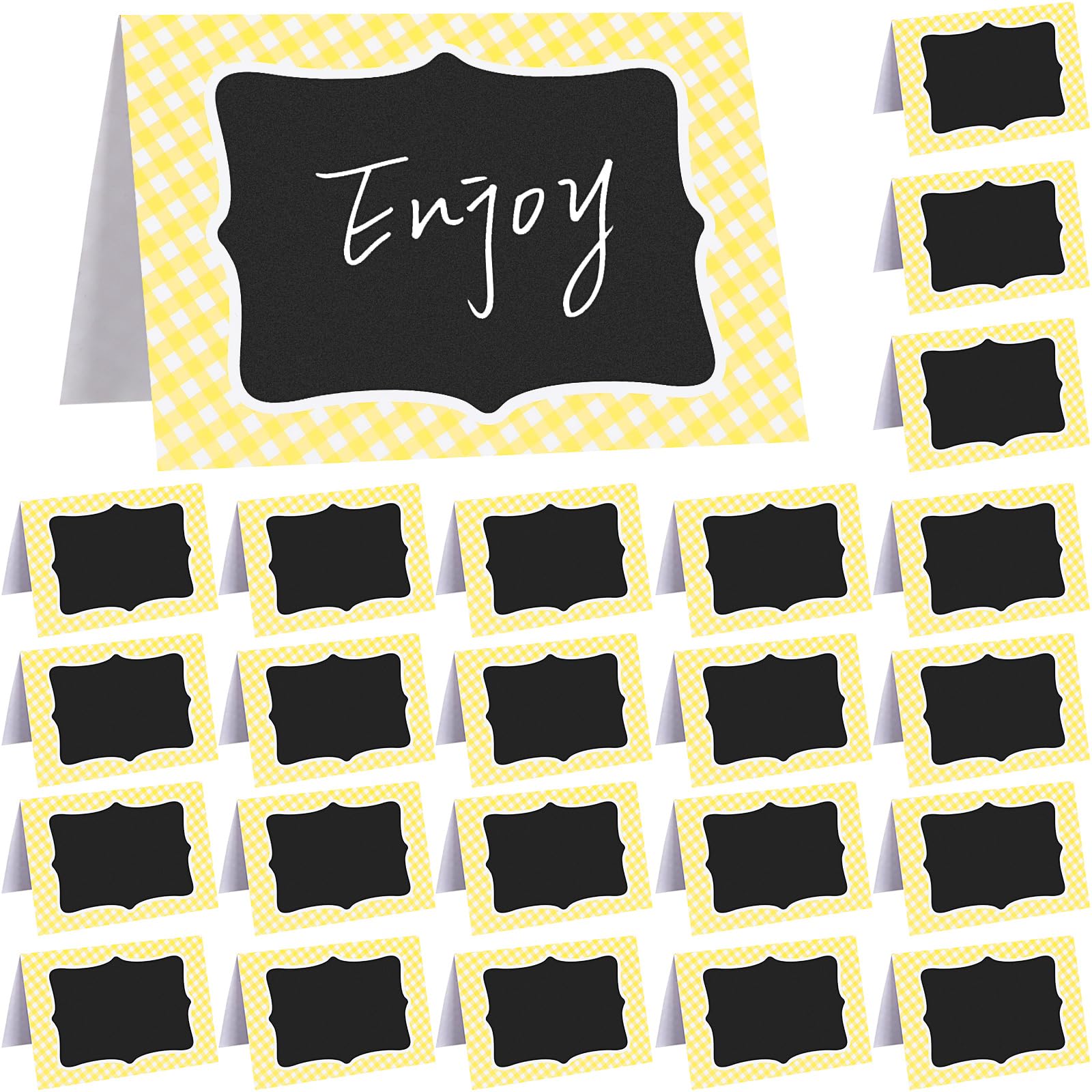 Photo 1 of TaoBary 24 Pcs Yellow Gingham Picnic Party Decoration Supplies 6x4 Inch Fall Thanksgiving Chalkboard Tent Card Food Label for Party Buffet BBQ Cookout Wedding Baby Shower Table Number Food Place