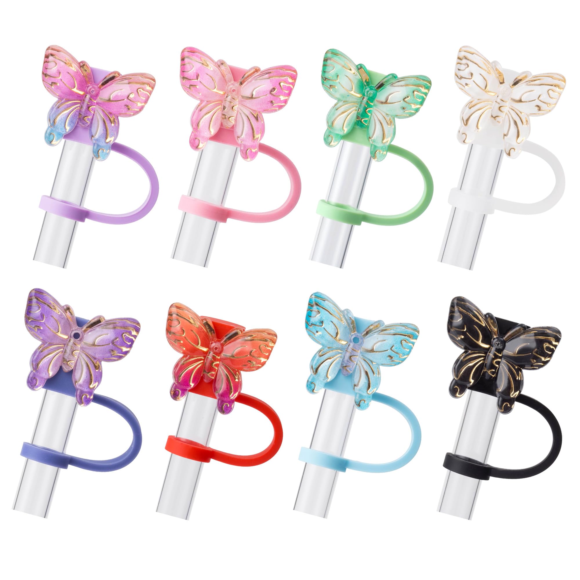 8Pcs B Butterfly Glitter Cap Straw Cover Cap for Stanley Cup 40oz/30oz Accessories, 10mm Reusable Cute Drinking Straw Topper Accessories, Portable Protector Plugs Decorations Gifts for Party Favors