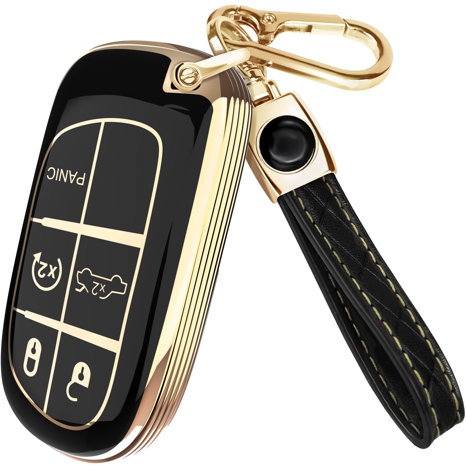 Photo 1 of ***Strap Only*** Lucrum for Dodge, Jeep, Chrysler Key Fob Cover and Leather Keychain, 5 Buttons Key Case for Dodge Ram, Charger, Dart, Durango, Journey - 2011-2025 Keyfob Cover for M3N-40821302 - Black and Gold