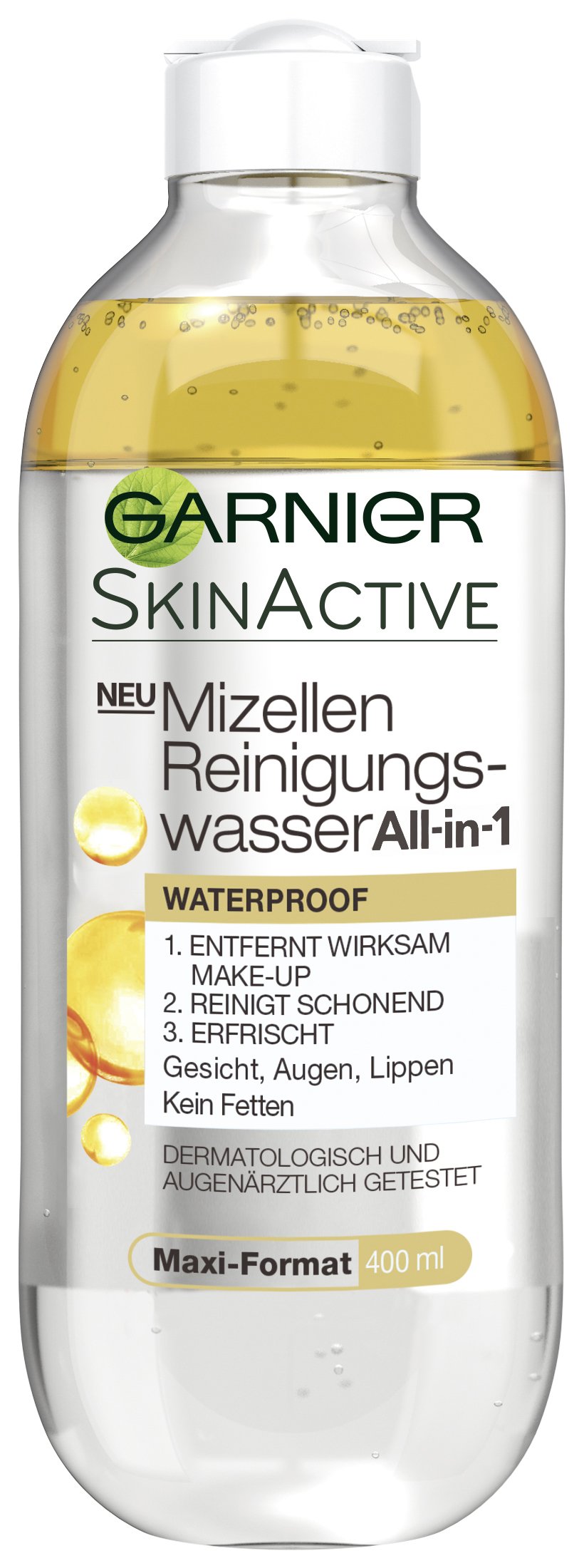 Garnier Micellar cleansing water, all-in-one waterproof, facial cleanser for sensitive skin, no grease, dermatologically tested, skin active, 400 ml
