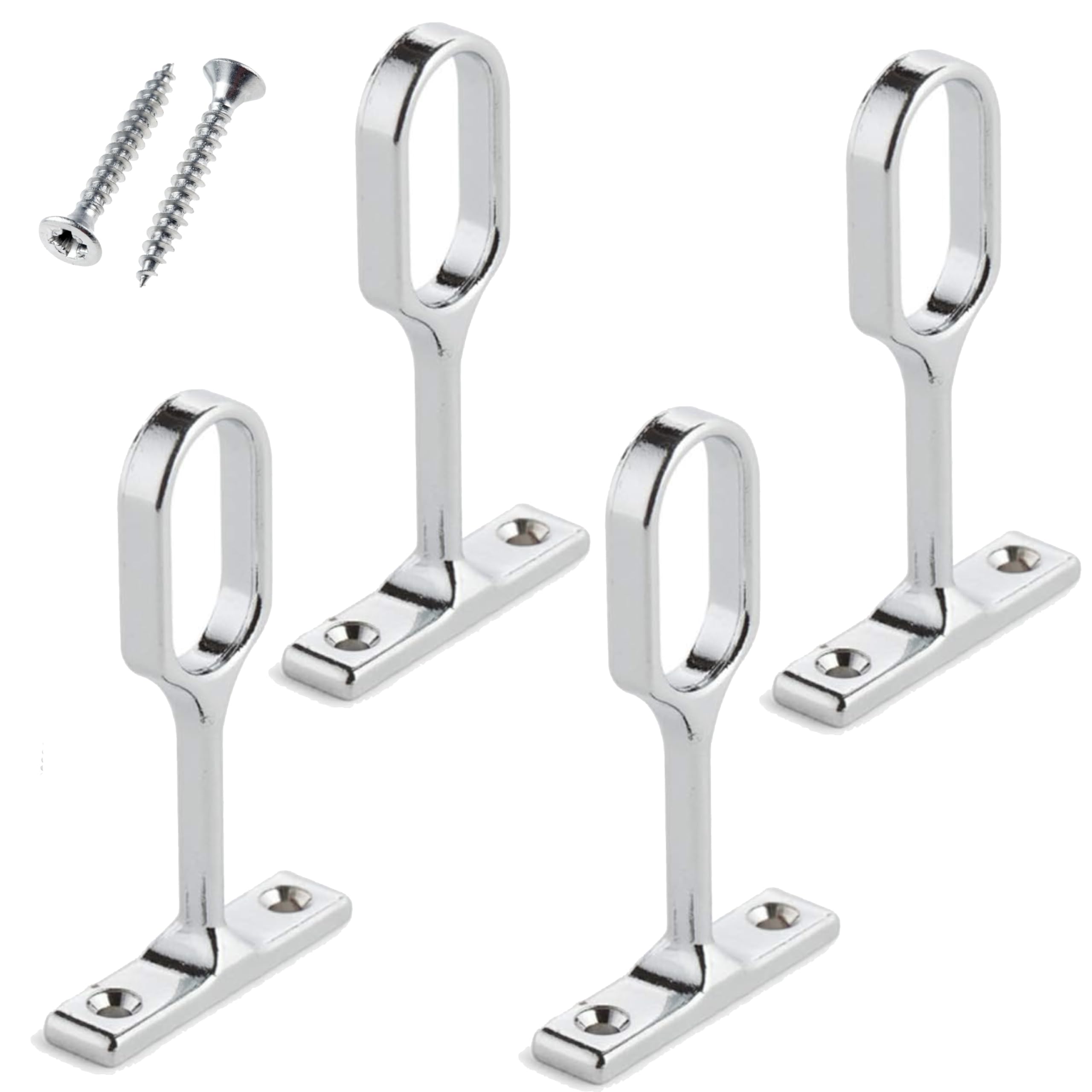 19mm Oval Wardrobe Rail Centre Supports Brackets Polished Chrome Finish Wardrobe Cupboard Clothes Hanging Oval Pipe Rail Supports Bracket Pack of 4 with Screws.