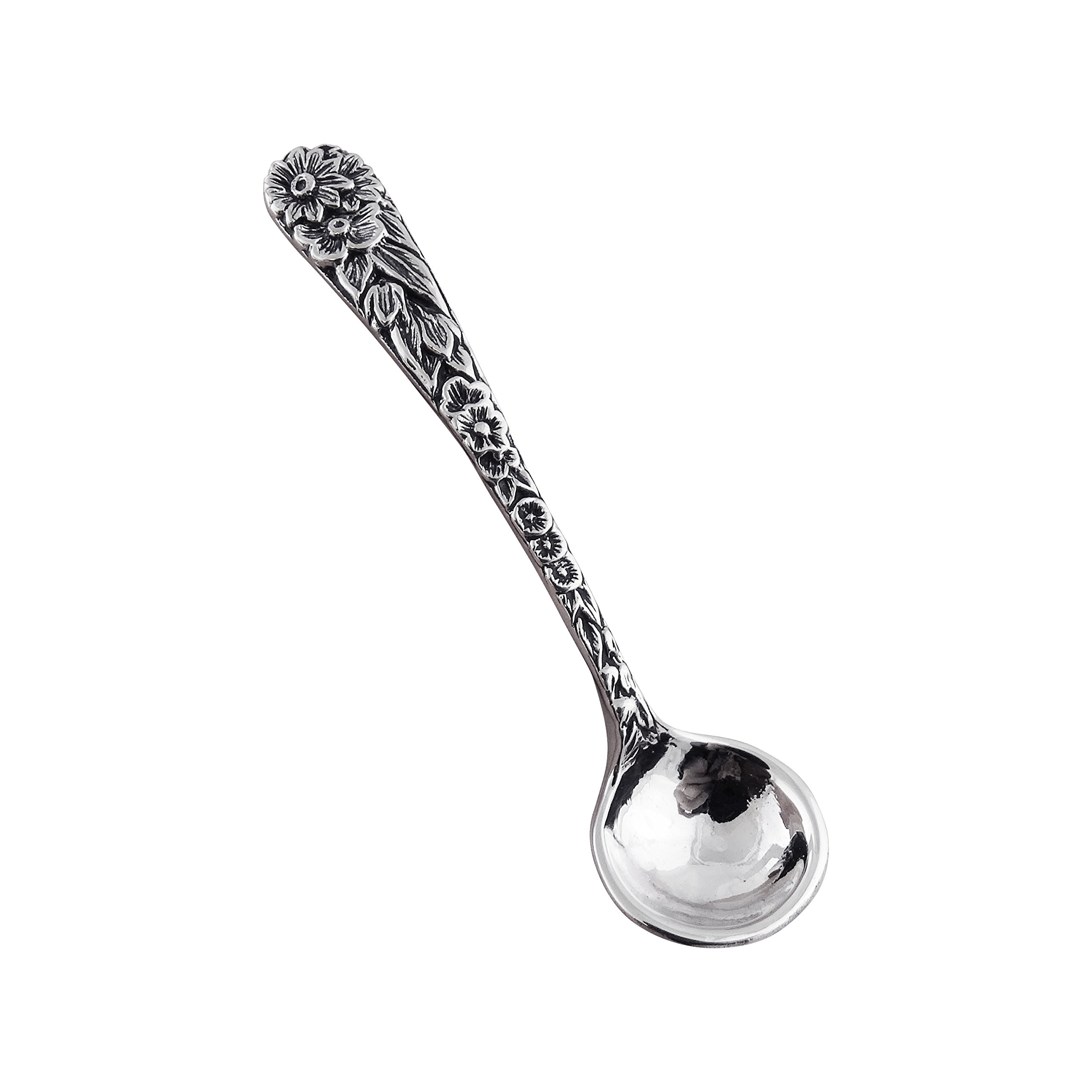 Floral Salt Spoon with Round Bowl - Sterling Silver