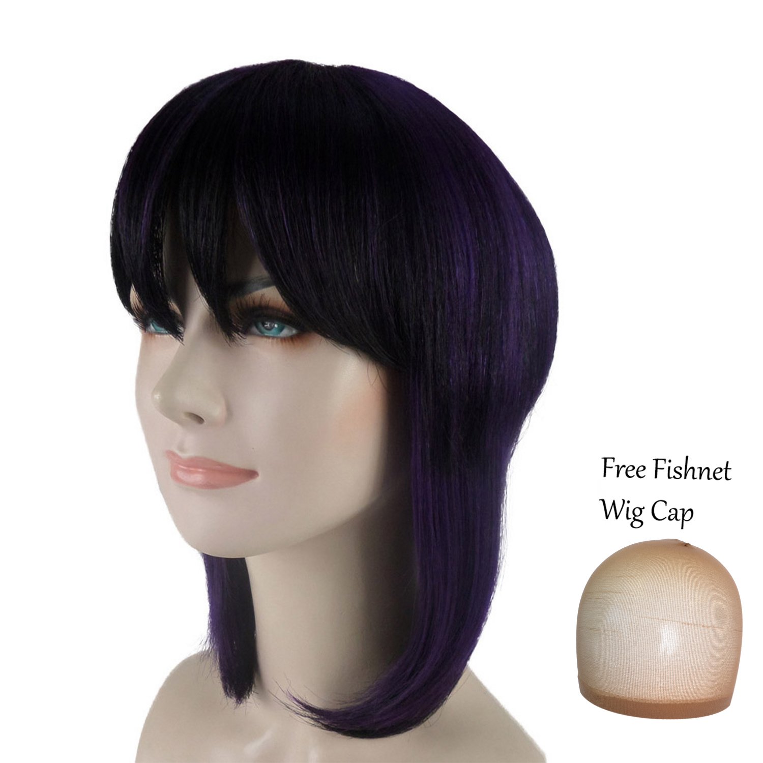 Short Bob Straight Wig with Bangs Purple Hairpiece for Halloween Costume Party Cosplay