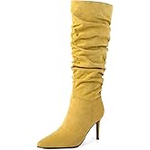 Joseywade Knee High Slouchy Boots For Women Pointed Toe Side Zip 3.5 Inch High Heel Boots