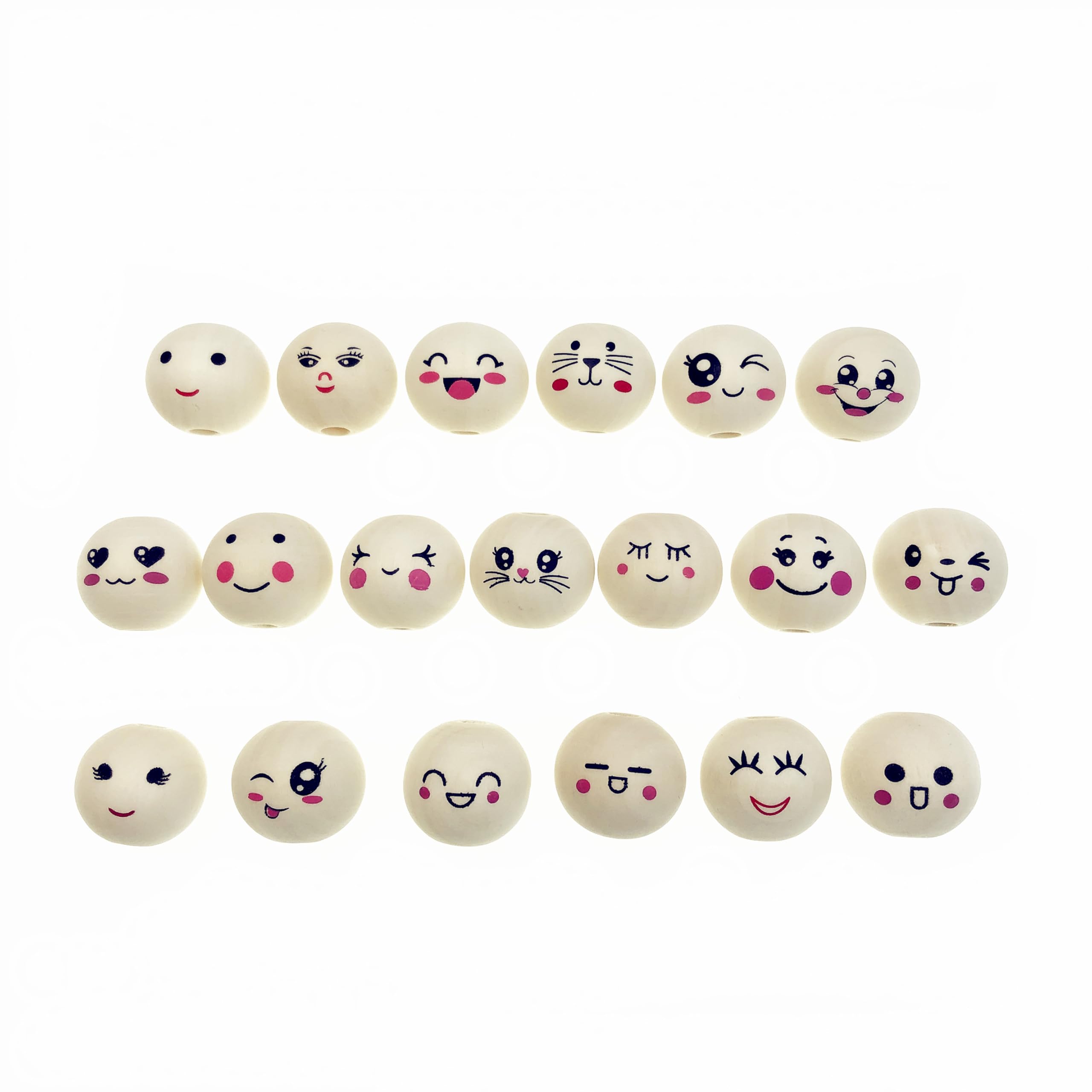 Youery Pack of 100 20 Styles Wooden Beads with Face, Smiling Face Head Beads, 20 mm Wooden Balls with Hole, Round Wooden Beads for Threading for DIY Decorations Jewellery