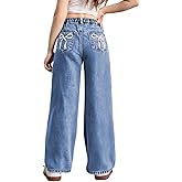 WDIRARA Girl's Bow Print Back Zipper Fly Elastic High Waist Denim Pants Basic Wide Leg Jeans