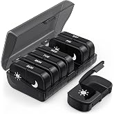 PULIV Weekly Pill Organizer 2 Times a Day, One-Side Opening for Easy to Use | Travel Pill Case for Vitamins, Medication, Supplements, Fish Oils, AM PM Pill Box, Black Privacy Protection