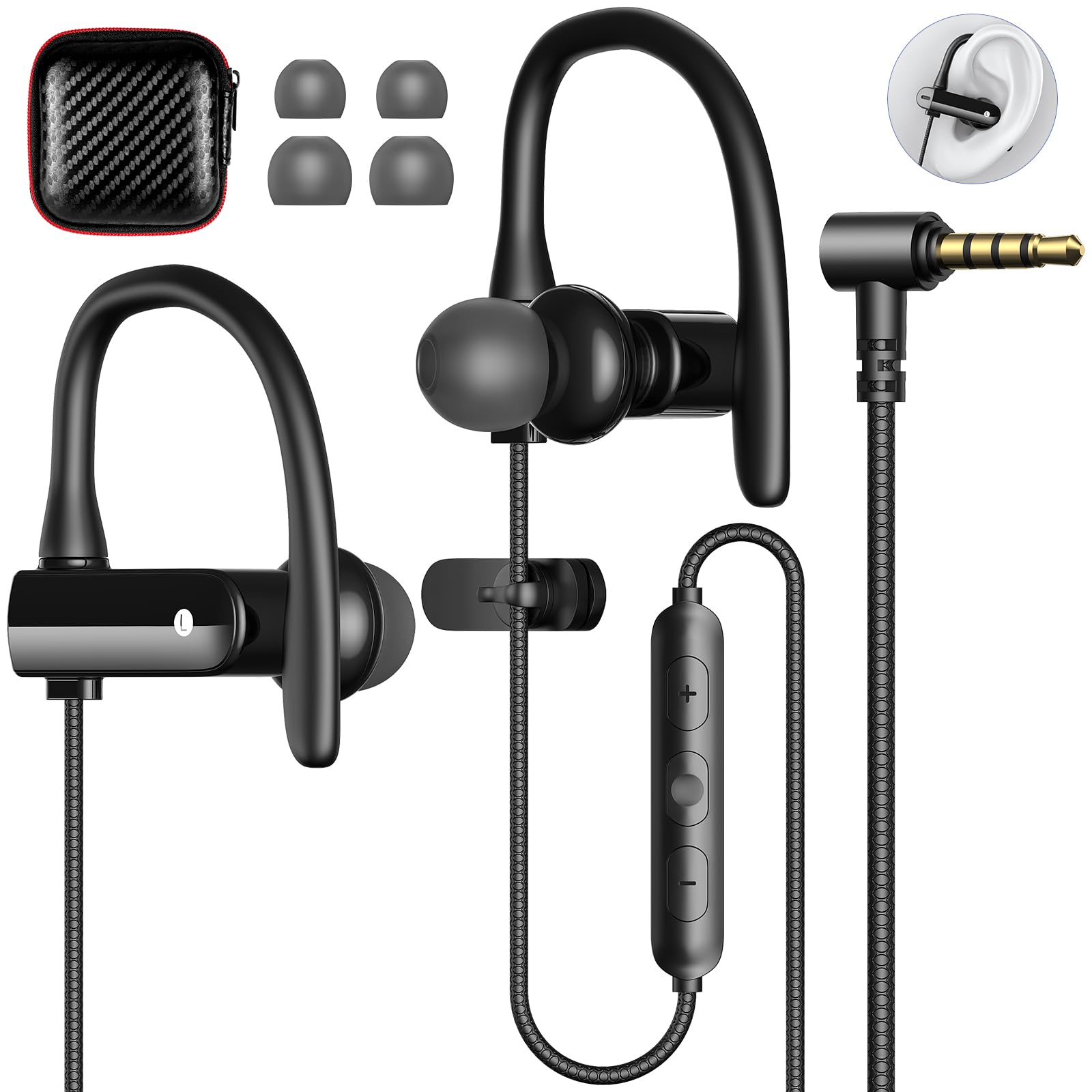 Photo 1 of 5.9 ft Long Cord 3.5mm Headphones Sport Wired Earbuds with Mic Noise Isolating Earphone HiFi Stereo Over Ear Buds Wired Plug in with Ear Hook for Samsung Galaxy A25 A03s A15 S10 A12 Switch Laptop PC