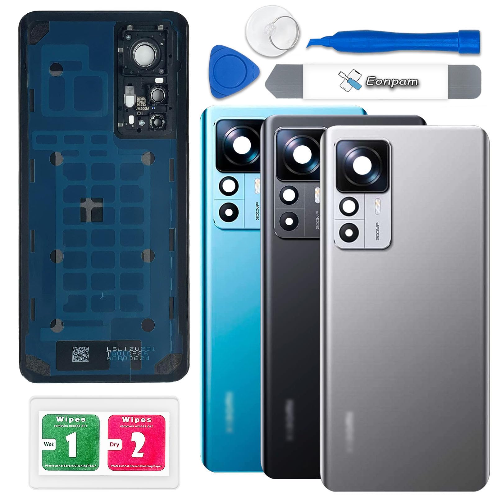 Eonpam Back Cover Glass for Xiaomi 12T Pro Rear Glass Replacement with Camera Lens + Repair Kit Genuine Rear Housing (Silver)