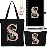 Talltalk 5 Pcs Personalized Women Gifts,Initial Tote Bag,Makeup Bag,Keyring,Notebook,Ballpoint,Black Alphabet Gifts for Women