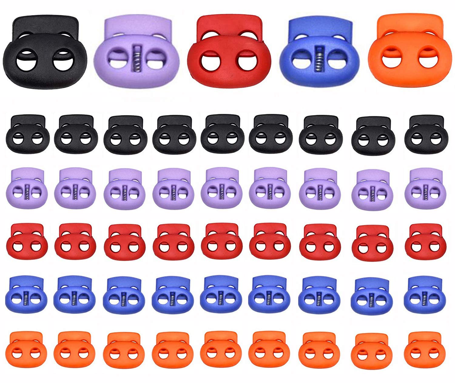 50 Pcs Plastic Spring Cord Locks, Double Holes Cord Locks, Cord Locks Multicolor for Drawstrings, Cord Fastener End Round Toggle Stopper for Shoelace Backpacks Sport Clothes