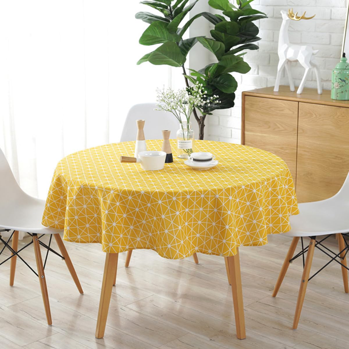 Round Tablecloth 150cm Heavy Duty Cotton Linen Wrinkle Free Tablecloths Nordic Style Washable Table Cloth Decorative Table Cover for Indoor Outdoor Holiday Home Christmas Party Picnic Dining Room