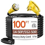 100FT 40 Amp Generator Cord, NEMA 14-50P/SS2-50R Heavy-Duty 4 Conductors Cable, Pure Copper STW RV Extension Cord, Female Plug with Twist Lock, Suitable for RV or Camper, ETL Listed
